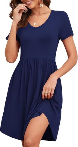 Women's 2025 Summer Short Sleeve Dresses Casual Loose Fit Swing T Shirt Dress V Neck Sundress with Pockets in Kuwait