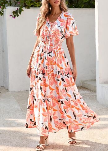Kirundo Womens Summer Boho Floral Maxi Dress Flutter Short Short in Saudi Arabia
