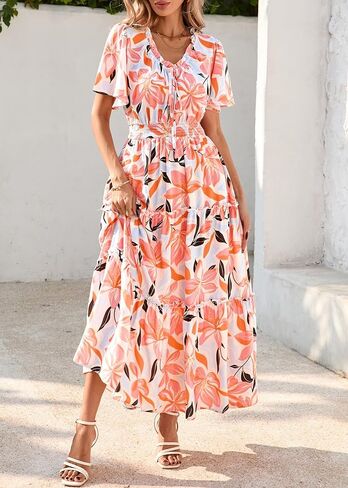 Kirundo Womens Summer Boho Floral Maxi Dress Flutter Short Short in Saudi Arabia