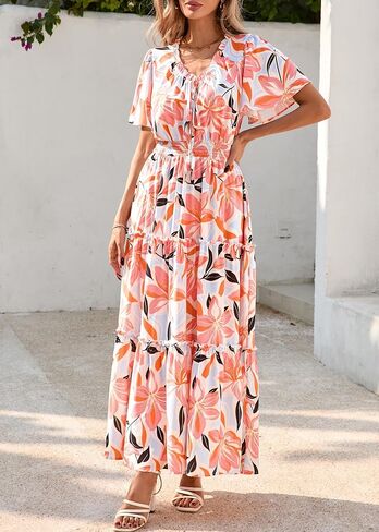 Kirundo Womens Summer Boho Floral Maxi Dress Flutter Short Short in Saudi Arabia