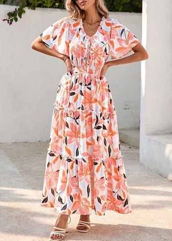 Kirundo Womens Summer Boho Floral Maxi Dress Flutter Short Short in Saudi Arabia