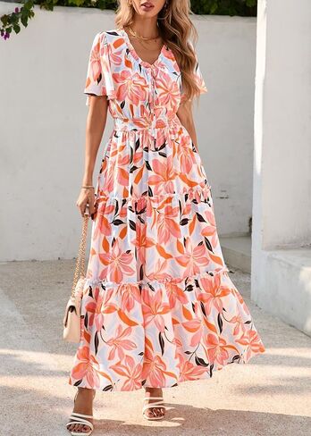 Kirundo Womens Summer Boho Floral Maxi Dress Flutter Short Short in Saudi Arabia