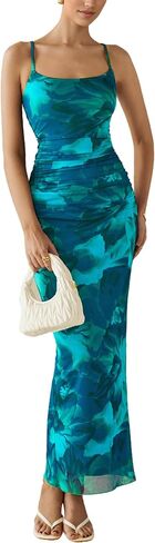 فستان Prettygarden للنساء الزهور Maxi 2025 Summer Spaghetti Strap Ruched Mesh Bodycon Guest Guest Beach Party Long Long in Kuwait