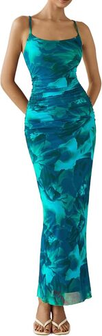 فستان Prettygarden للنساء الزهور Maxi 2025 Summer Spaghetti Strap Ruched Mesh Bodycon Guest Guest Beach Party Long Long in Kuwait