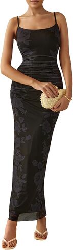 فستان Prettygarden للنساء الزهور Maxi 2025 Summer Spaghetti Strap Ruched Mesh Bodycon Guest Guest Beach Party Long Long in Kuwait