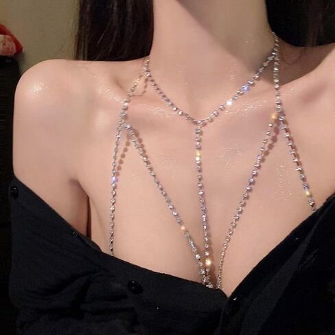 Rhinestone Body Chains for Women, Sexy Layered Belly Waist Chain Bikini Bra Chain, Summer Beach Rhinestone Body Jewelry in Kuwait