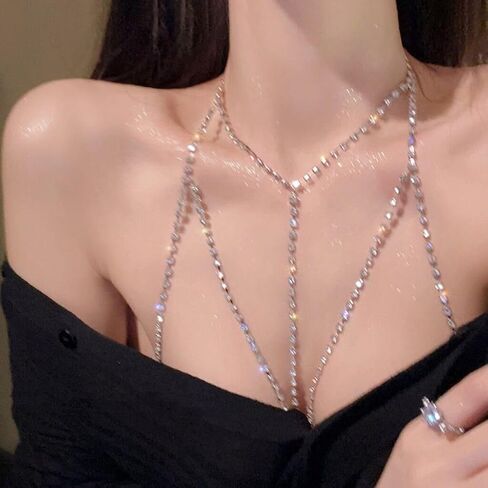 Rhinestone Body Chains for Women, Sexy Layered Belly Waist Chain Bikini Bra Chain, Summer Beach Rhinestone Body Jewelry in Kuwait