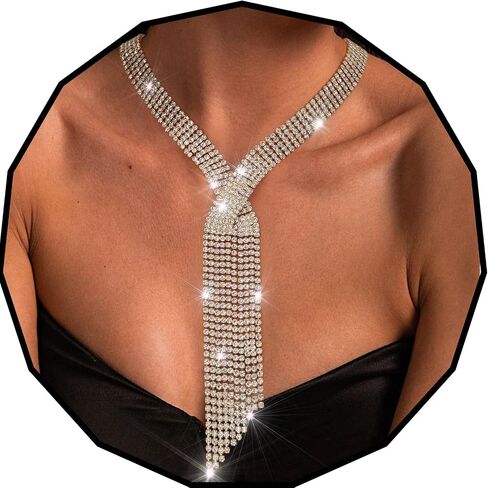 Sethexy Rhinestone Tassel Necklace Glitter Y Necklaces Simple Tie Necklace Sparkly Crystals Tennis Chain Necklaces Party Nightclub Wedding Jewelry for Women in Kuwait