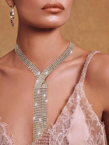 Sethexy Rhinestone Tassel Necklace Glitter Y Necklaces Simple Tie Necklace Sparkly Crystals Tennis Chain Necklaces Party Nightclub Wedding Jewelry for Women in Kuwait