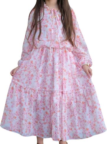 fioukiay Girls Fall Dress Long Lantern Sleeve V-Neck Floral Printed Smocked Waist Maxi Dresses Holiday in Kuwait