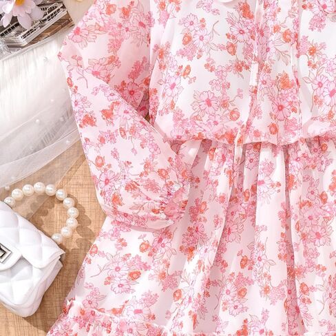 fioukiay Girls Fall Dress Long Lantern Sleeve V-Neck Floral Printed Smocked Waist Maxi Dresses Holiday in Kuwait