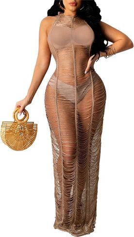 Women Sexy Crochet Swimsuit Cover Up Halter V Neck Backless See Through Long Maxi Dress Summer Beach Bikini Cover Ups in Kuwait