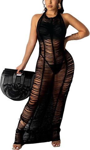 Women Sexy Crochet Swimsuit Cover Up Halter V Neck Backless See Through Long Maxi Dress Summer Beach Bikini Cover Ups in Saudi Arabia