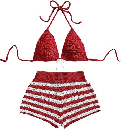 MakeMeChic Women's Two Piece Cover Up Outfit Crochet Halter Tie Backless Bikini Top and Striped Shorts Set in Saudi Arabia