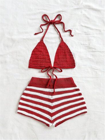 MakeMeChic Women's Two Piece Cover Up Outfit Crochet Halter Tie Backless Bikini Top and Striped Shorts Set in Saudi Arabia