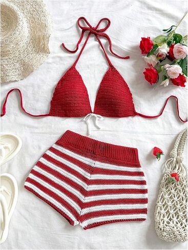 MakeMeChic Women's Two Piece Cover Up Outfit Crochet Halter Tie Backless Bikini Top and Striped Shorts Set in Saudi Arabia