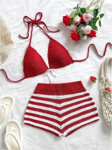 MakeMeChic Women's Two Piece Cover Up Outfit Crochet Halter Tie Backless Bikini Top and Striped Shorts Set in Saudi Arabia