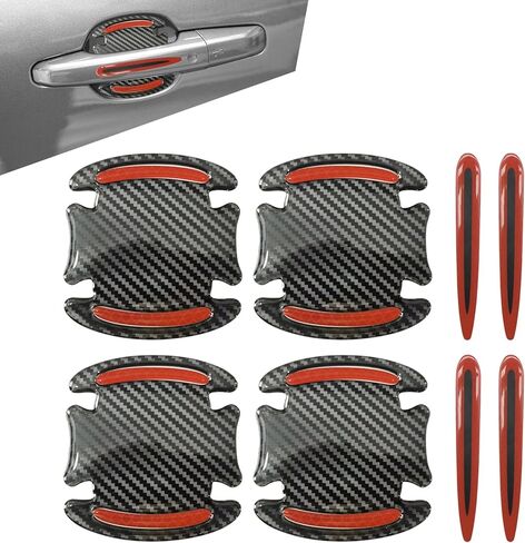 8 PCS Car Door Handle Door Bowl Protector, 3.54" x 3.26" + 0.59" x 3.54" Carbon Fiber Reflective Warning Sticker, Paint Surface Anti-Scratch Flexible Decal, Universal for Cars (Red) in Kuwait