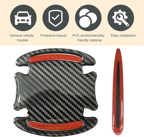 8 PCS Car Door Handle Door Bowl Protector, 3.54" x 3.26" + 0.59" x 3.54" Carbon Fiber Reflective Warning Sticker, Paint Surface Anti-Scratch Flexible Decal, Universal for Cars (Red) in Kuwait