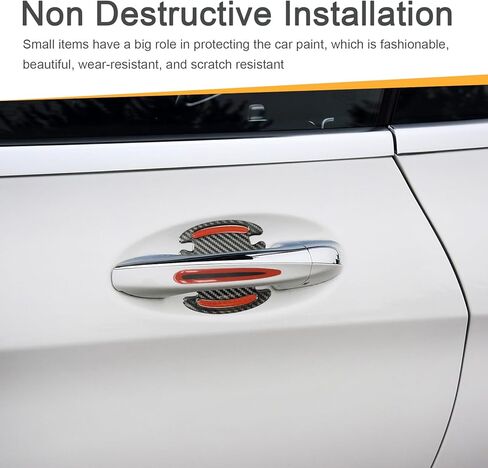 8 PCS Car Door Handle Door Bowl Protector, 3.54" x 3.26" + 0.59" x 3.54" Carbon Fiber Reflective Warning Sticker, Paint Surface Anti-Scratch Flexible Decal, Universal for Cars (Red) in Kuwait