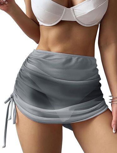 ZAFUL Women's Beach Cover Up Skirt Mesh Sheer Ruched Drawstring Short Swim Skirt Cover Ups for Swimwear in Saudi Arabia