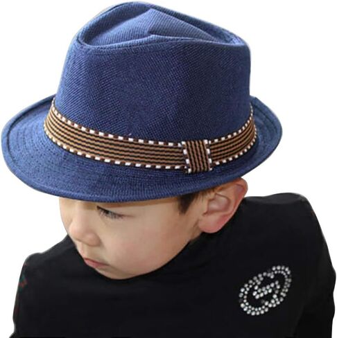 Kid's Short Brim Fedoras Sun Hats Linen Trilby Panama Jazz Beach Hat Summer UPF50+ Vintage 1920s anti-UV Cap مع الفرقة in Kuwait