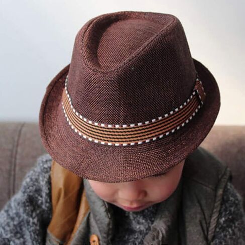 Kid's Short Brim Fedoras Sun Hats Linen Trilby Panama Jazz Beach Hat Summer UPF50+ Vintage 1920s anti-UV Cap مع الفرقة in Kuwait
