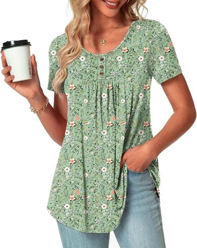 POPYOUNG Summer Womens Tunic Tops Loose Fit dressy Casual Short Sleeve Shirts to wear with Leggings in Saudi Arabia