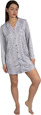 TAHARI Women's Long Sleeve Button Up Notch Collar Nightshirt with Piping and Pocket in Saudi Arabia