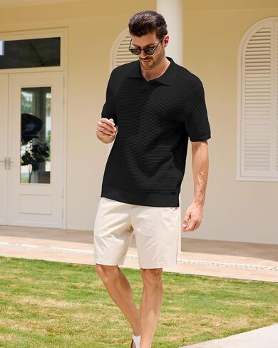 Kallspin Men's Cotton Knit Polo Shirt Textured Short Sleeve Casual Summer Beach Top in Saudi Arabia