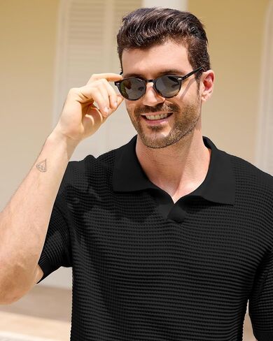 Kallspin Men's Cotton Knit Polo Shirt Textured Short Sleeve Casual Summer Beach Top in Saudi Arabia