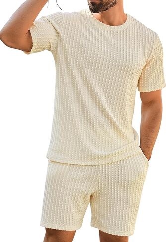 Babioboa Men's Short Sets 2 Piece Outfits Crewneck Summer T Shirt and Matching Knitted Shorts Tracksuit Sets with Pockets in Kuwait