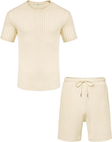 Babioboa Men's Short Sets 2 Piece Outfits Crewneck Summer T Shirt and Matching Knitted Shorts Tracksuit Sets with Pockets in Kuwait