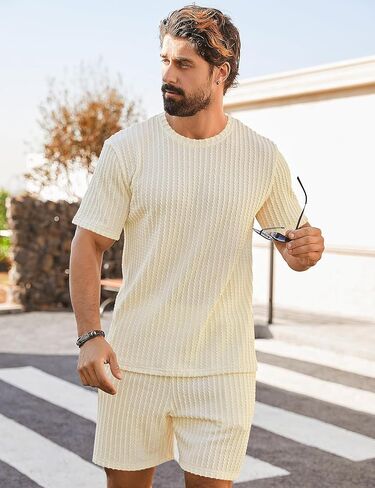Babioboa Men's Short Sets 2 Piece Outfits Crewneck Summer T Shirt and Matching Knitted Shorts Tracksuit Sets with Pockets in Kuwait