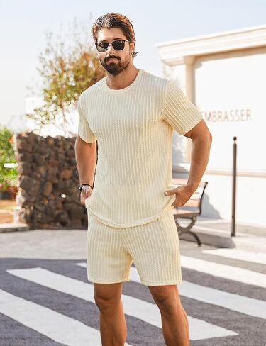 Babioboa Men's Short Sets 2 Piece Outfits Crewneck Summer T Shirt and Matching Knitted Shorts Tracksuit Sets with Pockets in Kuwait