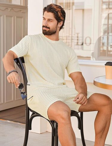 Babioboa Men's Short Sets 2 Piece Outfits Crewneck Summer T Shirt and Matching Knitted Shorts Tracksuit Sets with Pockets in Kuwait