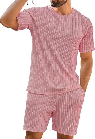 Babioboa Men's Short Sets 2 Piece Outfits Crewneck Summer T Shirt and Matching Knitted Shorts Tracksuit Sets with Pockets in Saudi Arabia