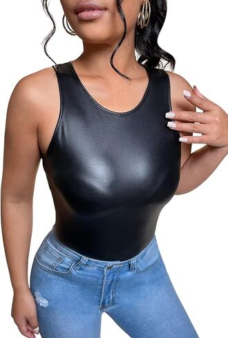 Falainetee Women's PU Leather Round Neck Slim Fit Tank Top Vest Black L in Saudi Arabia