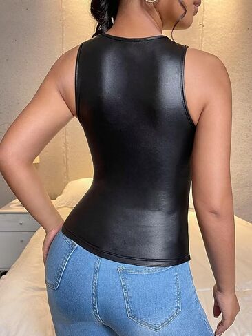 Falainetee Women's PU Leather Round Neck Slim Fit Tank Top Vest Black L in Saudi Arabia