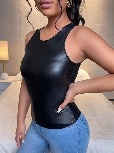 Falainetee Women's PU Leather Round Neck Slim Fit Tank Top Vest Black L in Saudi Arabia