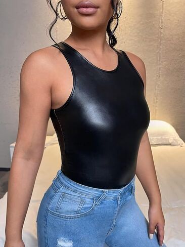 Falainetee Women's PU Leather Round Neck Slim Fit Tank Top Vest Black L in Saudi Arabia