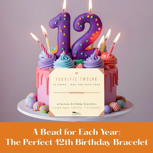 هدايا عيد الميلاد الثاني عشر للفتيات من Lucky Feather Milestone - سوار من الخرز المغمور بالذهب عيار 14 قيراط على سلك قابل للتعديل من 7 إلى 8 بوصات - هدايا للفتيات بعمر 12 عامًا in Saudi Arabia