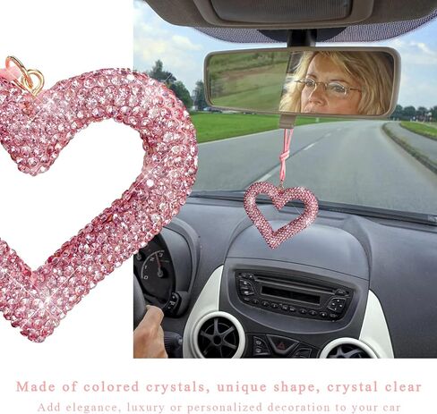 Bling Heart Car Hanging Accessories, Crystal Diamond Heart Pendant Rear View Mirror Charm, Cute Rhinestone Heart Decor Auto Interior Hanger Lucky Ornament for Women Men (Black) in Saudi Arabia