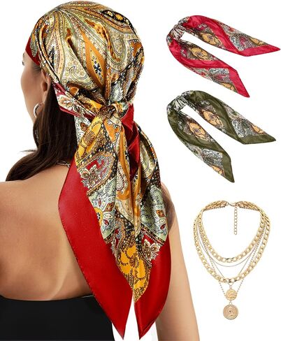 CICOCI 3PCS Head Scarf For Women 35" Satin Large Square Women Bandana Headband With Neacklace Set in Kuwait