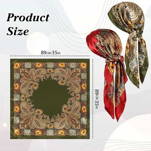 CICOCI 3PCS Head Scarf For Women 35" Satin Large Square Women Bandana Headband With Neacklace Set in Kuwait