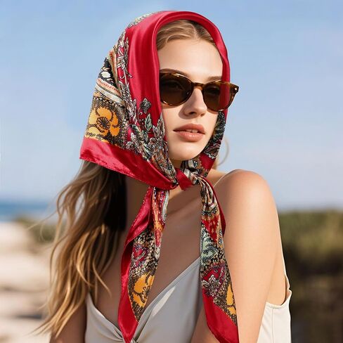 CICOCI 3PCS Head Scarf For Women 35" Satin Large Square Women Bandana Headband With Neacklace Set in Kuwait