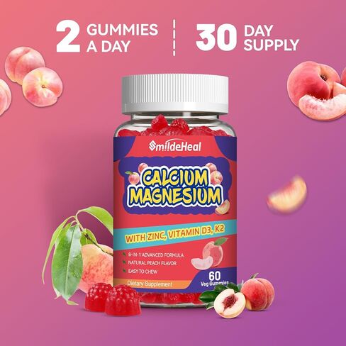 Calcium Magnesium Gummies 600MG, Calcium Magnesium Zinc Gummies with Vitamin D3 - High Absorption Complex Calcium Supplement, Vegan, 60 Counts in Kuwait