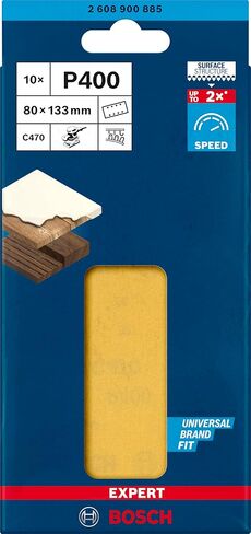 ورق صنفرة احترافي 10x Expert C470 من Bosch (للخشب الصلب، الطلاء على الخشب، 80x133 مم، Grit 400، ملحقات ماكينة الصنفرة المدارية) in Kuwait