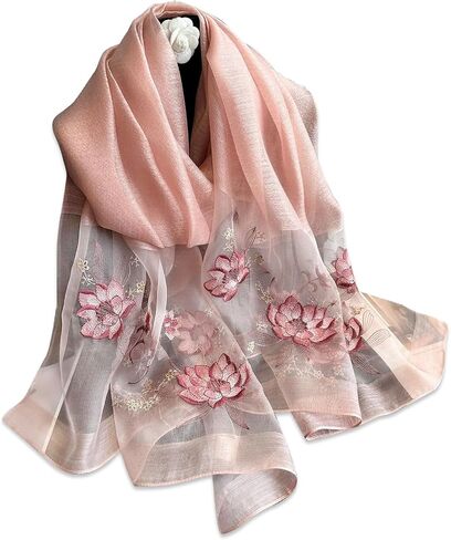 Silk Scarf - Chiffon Scarf With Rose Embroidery, Transparent Tulle, Lightweight Long Shawl Wrap For Spring Autumn in Saudi Arabia