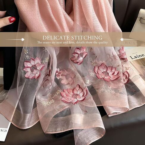 Silk Scarf - Chiffon Scarf With Rose Embroidery, Transparent Tulle, Lightweight Long Shawl Wrap For Spring Autumn in Saudi Arabia